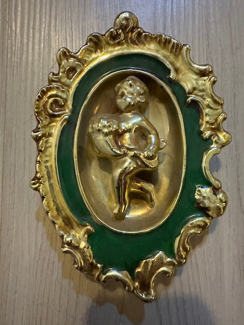 Vintage Capodimonte Italy Cherub Wall Plaque Gold Gilt Green Porcelain 2449